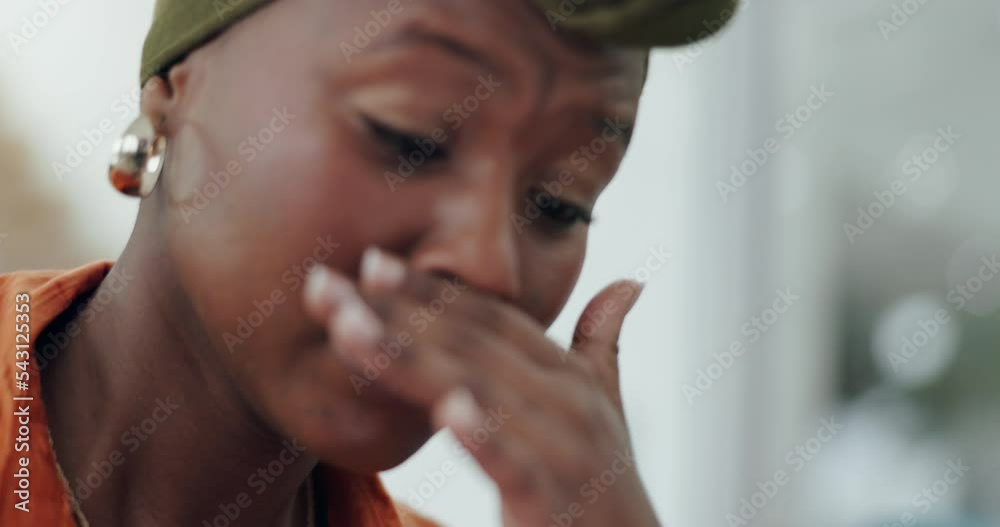 Sad black woman, phone and crying for bad news, grief or loss in depression, mental health or issues at home. Emotional African American female in tears, trouble or problems from email on smartphone