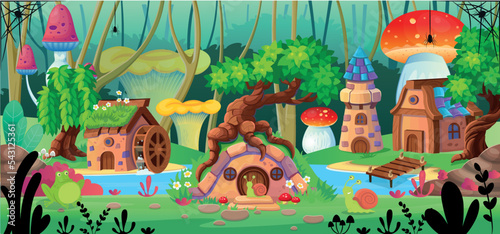 Background for games and mobile applications. Mushroom houses. Vector illustration.