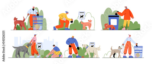 People walk with dogs in park and cleanup poop. Pet owners walk with dogs and puppies, pick up canine excrements in bag and throw in trash bin, vector flat illustration