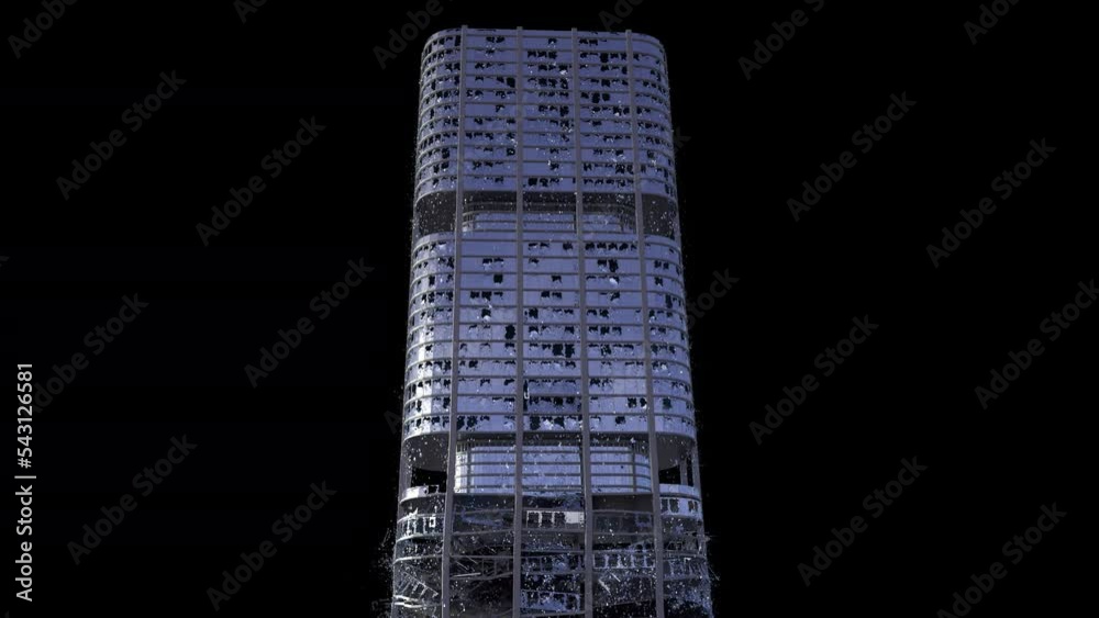 Realistically modeled(with inner and outer walls, concrete parts, columns, floor levels and bricks) building collapsing with dust and debris 4K drag and drop editing software supporting blending modes