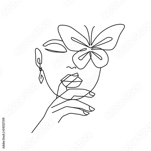 Female Face with Butterfly Line Art Drawing. Woman Face Minimalist Illustration. Woman Minimal Sketch Drawing. Abstract Single Line, Home Decor, Wall Art. Vector EPS 10 