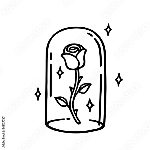 Magical forever rose tattoo design. Enchanted infinity rose doodle drawing. Cute preserved eternity flower in glass dome line art. Vector illustration.