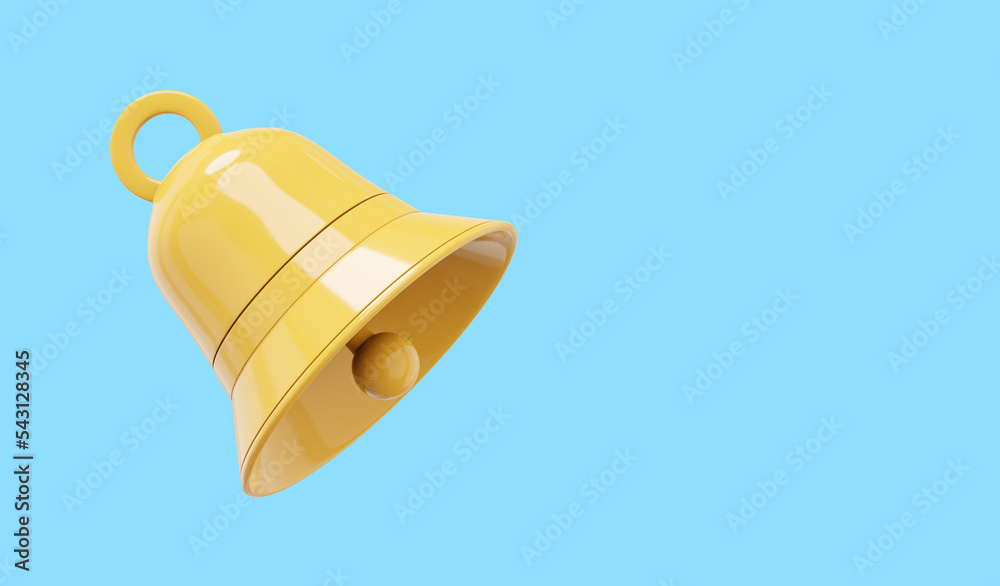 Yellow bell, notification symbol. 3D rendering. Icon on blue background, space for text.