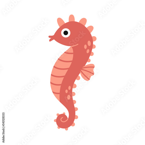 Vector red seahorse. Hippocampus. Cute marine life animal in flat design. Funny seahorse.