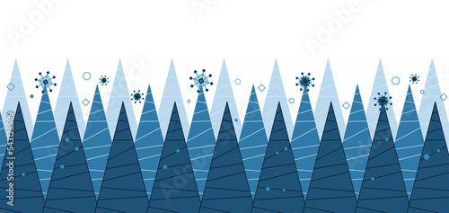 Abstract blue Christmas trees and snowflakes on a transparent background. Panoramic banner. PNG 