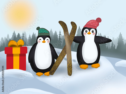 Graphic illustration of two lovely penguins in sunny winter. Idea for background  print  art  cartoon  books. 