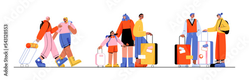 Group of tourists walk and carry suitcases or backpacks. Young couples travelers in voyage, family with child on summer vacation isolated on white background, Linear flat vector illustration