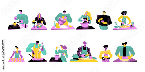 People cook a variety of dishes. Male and female characters in the kitchen. Set of vector illustrations