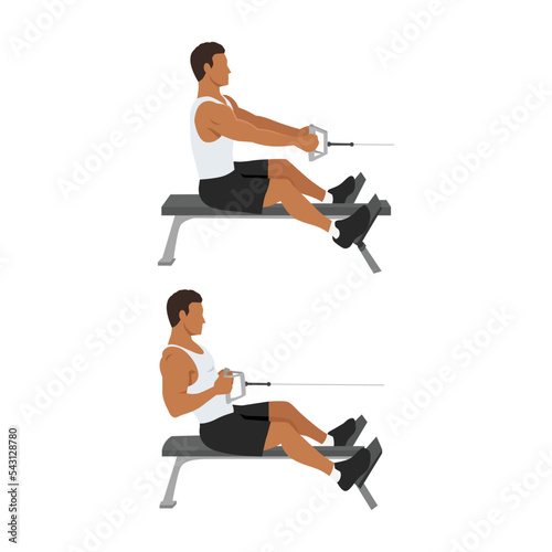 Man doing Seated Low cable back rows exercise. Flat vector illustration isolated on white background