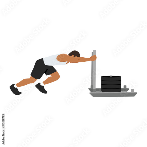 Man doing sled pushed exercise. Flat vector illustration isolated on white background