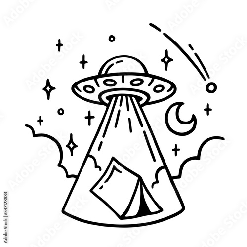 UFO tent doodle. Flying saucer camping drawing. Alien spaceship campsite visitor. Vector illustration.