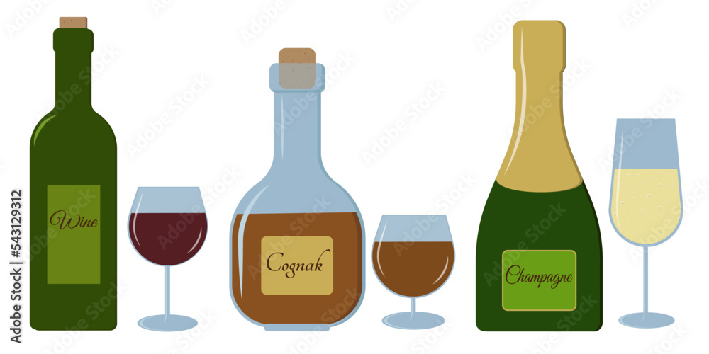 a set of alcoholic beverages a bottle and a glass of cognac champagne and wine a set of alcoholic beverages a bottle and a glass of cognac champagne and wine