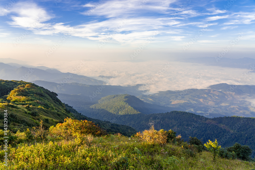 Beautiful landscape view of northern mountain ranges of Thailand seen from the top of Kew Mae Pan Nature Trail