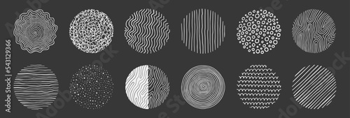 Abstract line pattern circle set. Hand drawn texture, doodle decorative line, spiral, scribble graphic round element. Circle drawn brush grunge texture. Vector illustration