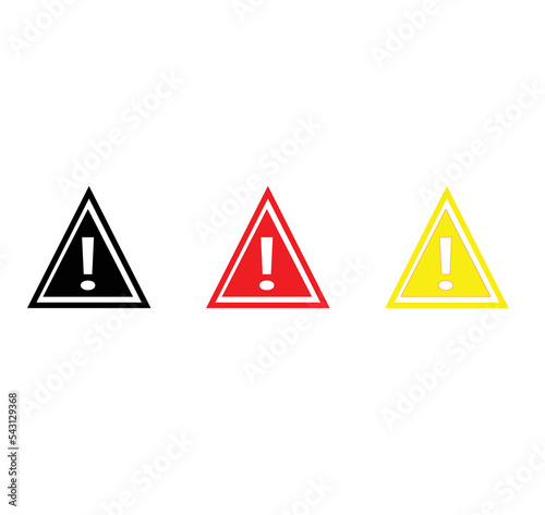Warning Mark Icon Design  three  types color, black and read, yellow outline. Isolated