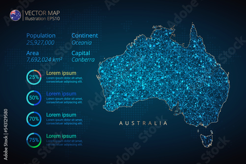 Australia map infographics vector template with abstract geometric mesh polygonal light concept on blue background. Template for diagram, graph, presentation and chart