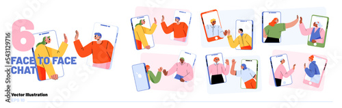 People using video chat app on smartphone. Flat vector illustration set of happy men and women on gadget screen giving high five, talking, smiling, using modern mobile application for communication