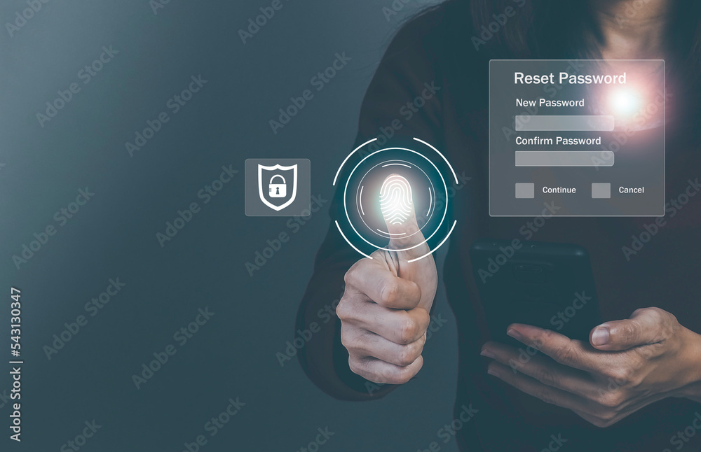 Business people is Fingerprint scanning for Security and reset password login online. concept log in with smartphone to an online bank account, data protection from hacker. Business people is Fingerprint scanning for Security and reset password login online. concept log in with smartphone to an online bank account, data protection from hacker.
