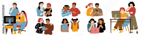 Bad news shock reaction isolated set. Frustrated people with shocked emotions watching on tv, computer and smartphone screens. Overwhelmed male and female characters Cartoon linear vector illustration