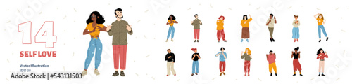 Young people showing self-love emotions, flat vector illustration set. Happy men and women making hand heart gestures, hugging and rewarding themselves, smiling. Body language of self-acceptance