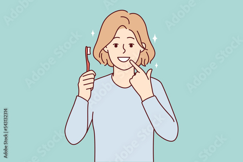 Smiling girl with toothbrush show at white clean teeth. Happy child recommend teeth brushing and oral care. Dental care concept. Vector illustration. 