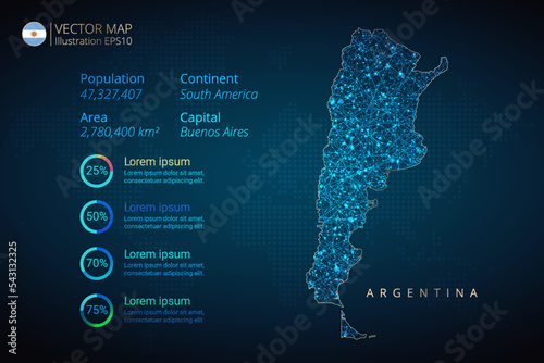 Argentina map infographics vector template with abstract geometric mesh polygonal light concept on blue background. Template for diagram, graph, presentation and chart