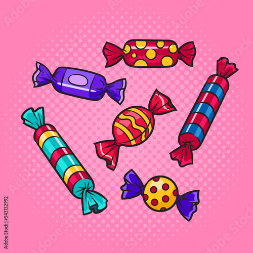 many colorful candies pinup pop art retro vector illustration. Comic book style imitation.