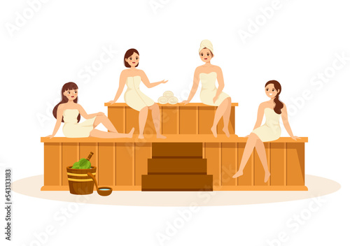 Sauna and Steam Room with People Relax, Washing Their Bodies, Steam or Enjoying Time in Flat Cartoon Hand Drawn Templates Illustration