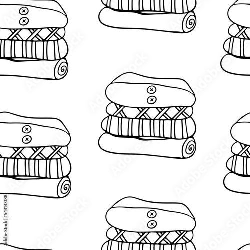 Seamless pattern Stack of sweaters in doodle style on a transparent background. Vector illustration