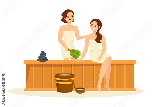 Sauna and Steam Room with People Relax, Washing Their Bodies, Steam or Enjoying Time in Flat Cartoon Hand Drawn Templates Illustration
