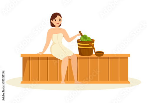 Sauna and Steam Room with People Relax, Washing Their Bodies, Steam or Enjoying Time in Flat Cartoon Hand Drawn Templates Illustration