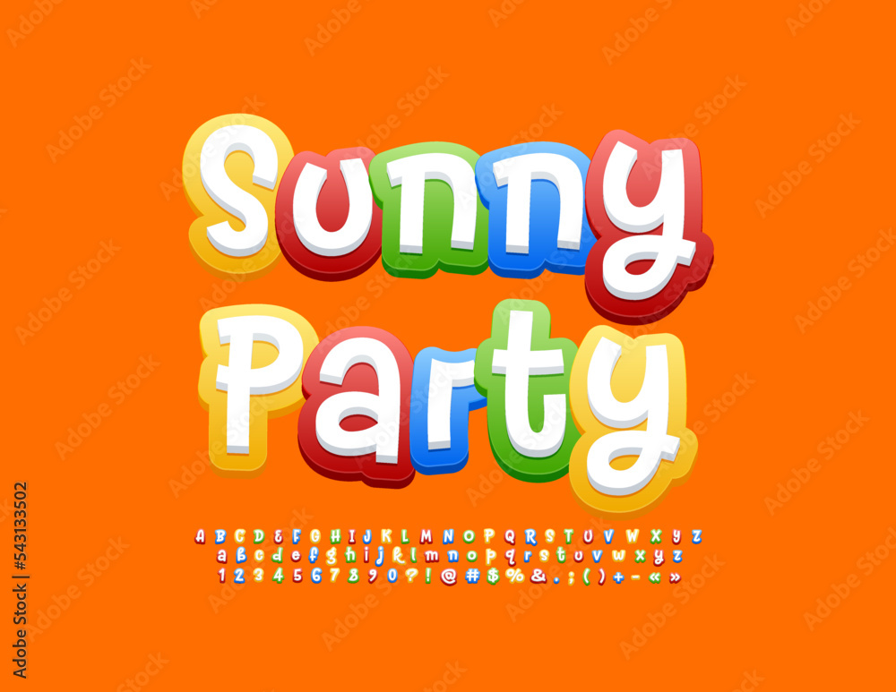 Vector artistic banner Sunny Party. Colorful Funny Alphabet Letters, Numbers and Symbols. Bright handwritten 3D Font