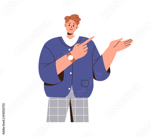 Happy man gesturing with hand, presenting, showing smth. Smiling person advertising, pointing with finger to side. Presenter, expert speaker. Flat vector illustration isolated on white background