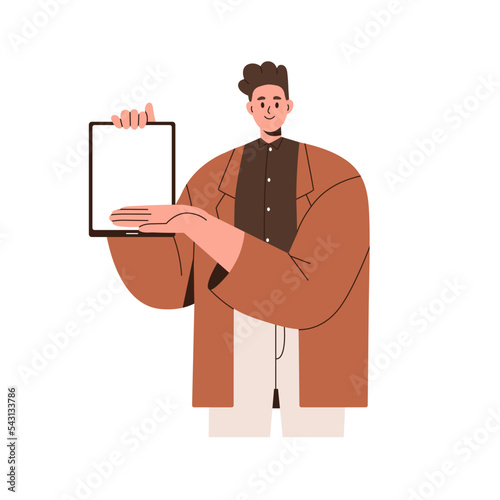 Happy person, businessman showing blank screen of tablet PC. Business man holding gadget, presenting, advertising display mockup in hand. Flat vector illustration isolated on white background