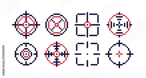 Target and aim pixel art set. Sniper aim pointer. Mark cursor, crosshairs collection. 8 bit sprite. Game development, mobile app.  Isolated vector illustration. photo