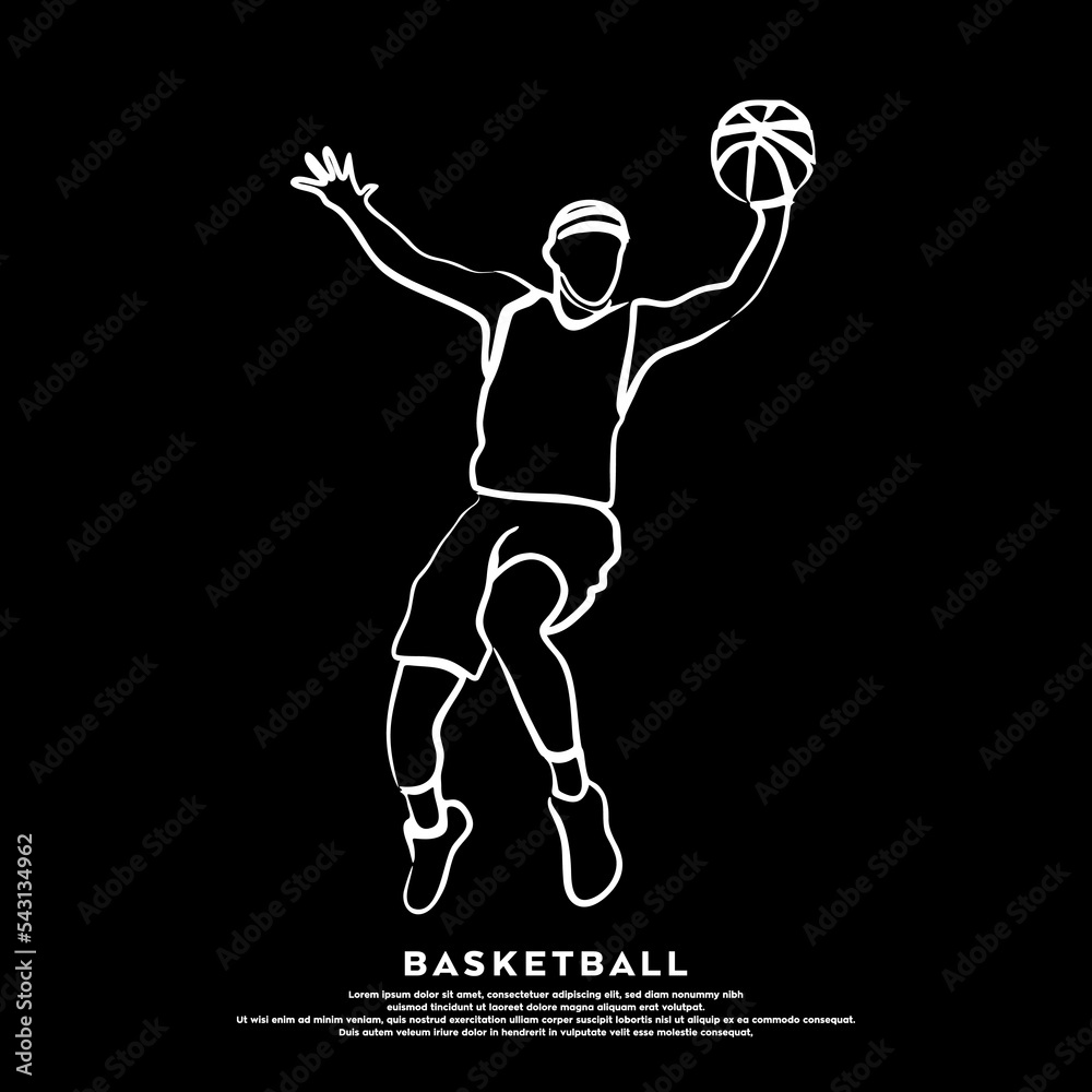 Line art of professional basketball player jumping slam dunk a ball isolated on black background