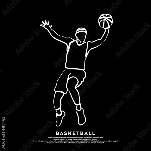 Line art of professional basketball player jumping slam dunk a ball isolated on black background
