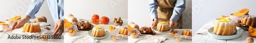 Collage of photos for Autumn season food concept, pumpkin cake