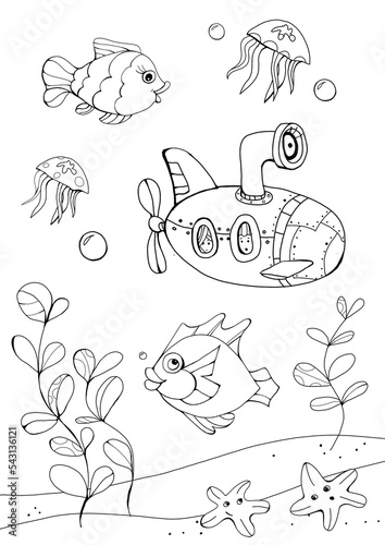 Contour coloring for children. A submarine among marine life.