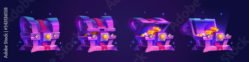 Treasure chest animation set. Cartoon vector illustration of closed and open old wooden box with money, golden coins, precious gemstones glowing, sparkling isolated on dark blue backgrouns. Game prop