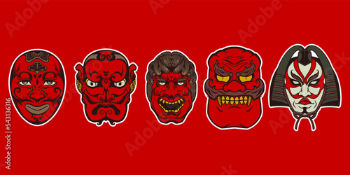 Hand drawn five reds japanese traditional mask on red background.