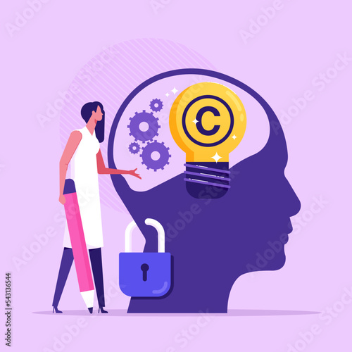 Intellectual property. Copyright. Tiny authors protecting idea's legal information with trademark, flat vector illustration