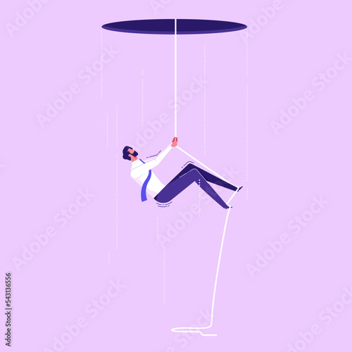 Businessman climbing up on a rope. Vector illustration concept of determination, effort, strength, and challenge, flat vector illustration