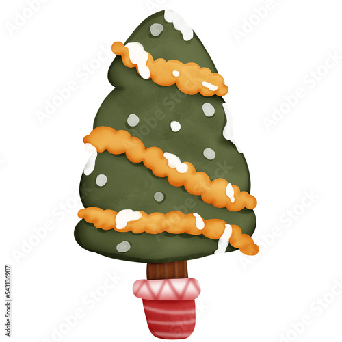 Christmas tree with party chain watercolor.happy new year decoration item.
