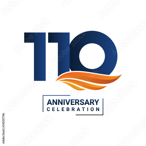 Anniversary celebration decoration. Blue number 110 with orange wings on a white background. Vector illustration EPS10