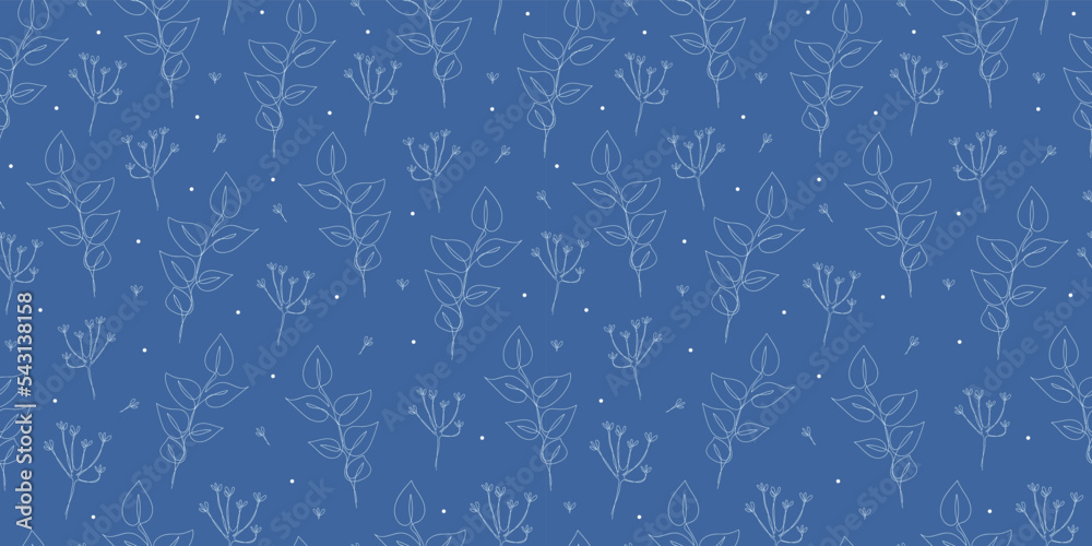 Seamless winter linear pattern with leaves and flowers. One line art drawing. Christmas design for greeting cards, wrapping paper, wallpaper, fabric prints. Merry Christmas, Happy New Year. 