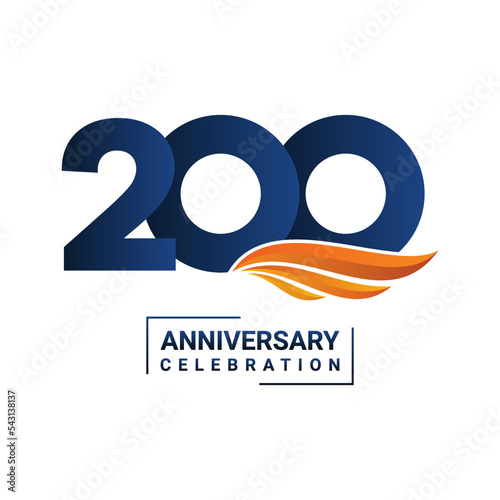 Anniversary celebration decoration. Blue number 200 with orange wings on a white background. Vector illustration EPS10