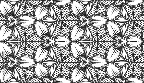 Abstract flower black white seamless pattern. Monochrome stylized petals and leaves repeating decorative background. Vintage floral texture. Ornament for fabric wallpaper, wrapping packaging print