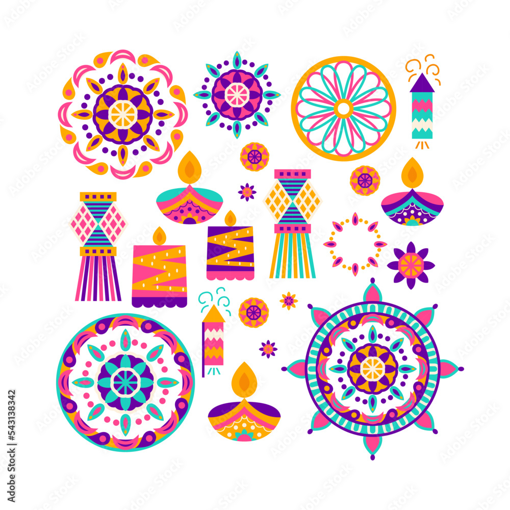 Happy Diwali Objects. Vector Illustration of Indian Holiday Celebration.