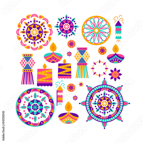 Happy Diwali Objects. Vector Illustration of Indian Holiday Celebration.